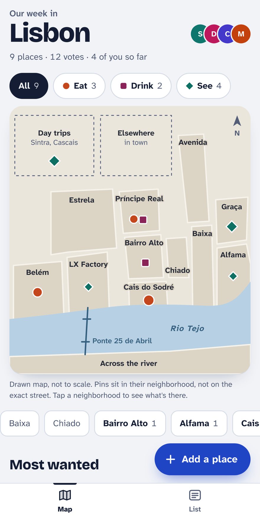 The map is drawn, with a pin for every place.