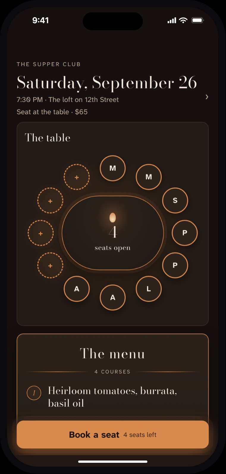 The table fills with initials as seats are booked.